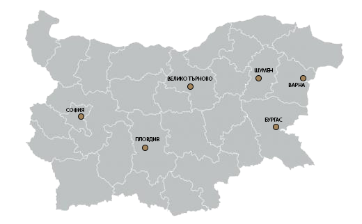 Карта на България с учебните бази на Академия за преофесионални обучения